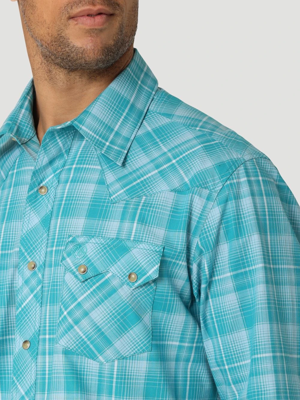 'Wrangler' Men's Retro Plaid Classic Fit Snap Front - Teal 4 'Wrangler' Men's Retro Plaid Classic Fit Snap Front - Teal - Image 2