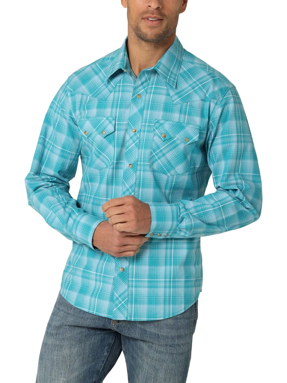 'Wrangler' Men's Retro Plaid Classic Fit Snap Front - Teal 3 'Wrangler' Men's Retro Plaid Classic Fit Snap Front - Teal