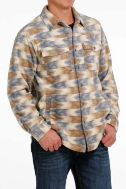 'Cinch' Men's Aztec Print Polar Fleece Shirt Jacket - Cream