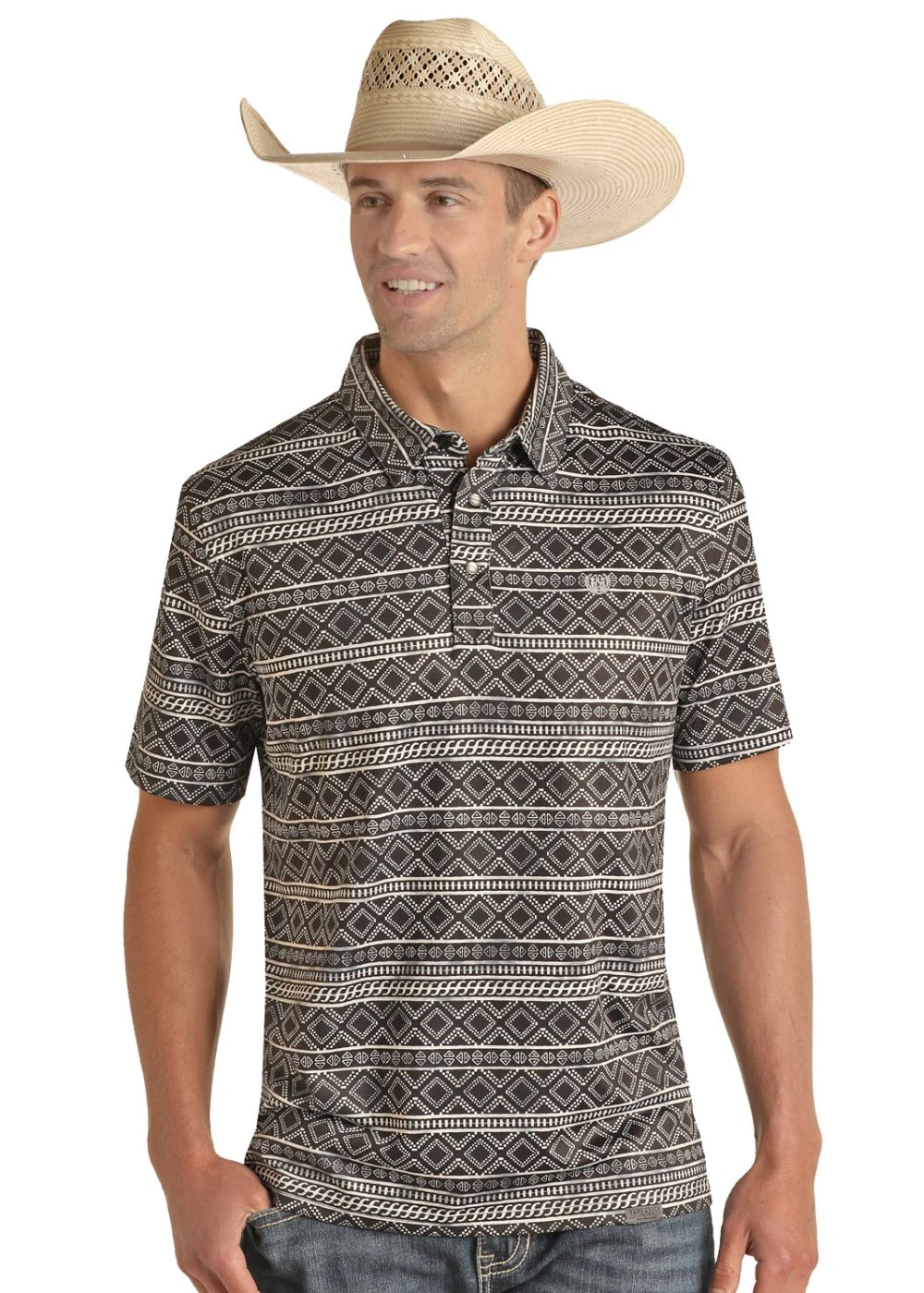 'Panhandle' Men's Performance Aztec Snap Knit Polo - Black 3 'Panhandle' Men's Performance Aztec Snap Knit Polo - Black